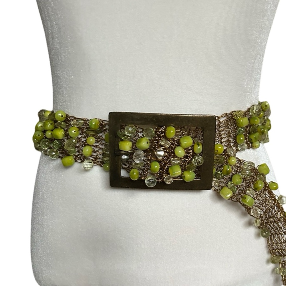 Gold Green Beaded Chunky Metal Retro Artsy Belt - Picture 5 of 12